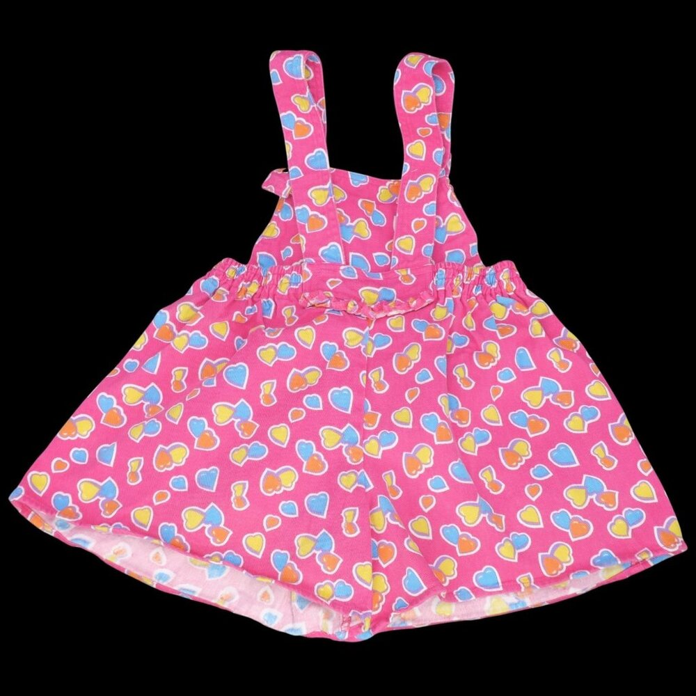 Vintage 90s O-Girl Bib Shorts Overalls Pink Multicolor Hearts Cotton Girl's Sz 6